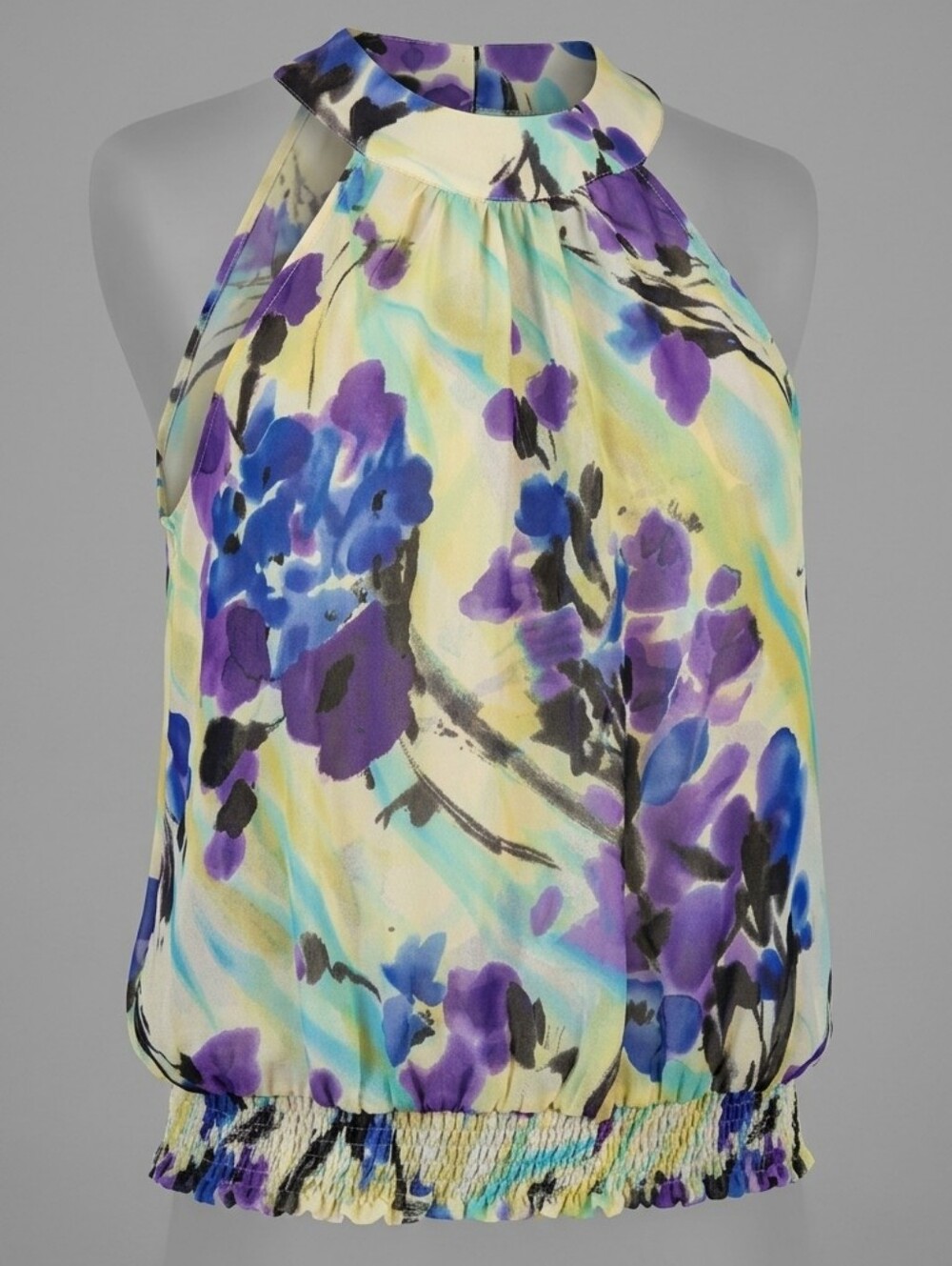 Vintage Y2K Yellow Purple Blue Allison Taylor Floral Halter Womens Summer Top XL